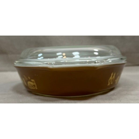 Vintage Pyrex Early American 1.5 Quart Divided Casserole Dish 043 Brown Gold Lid