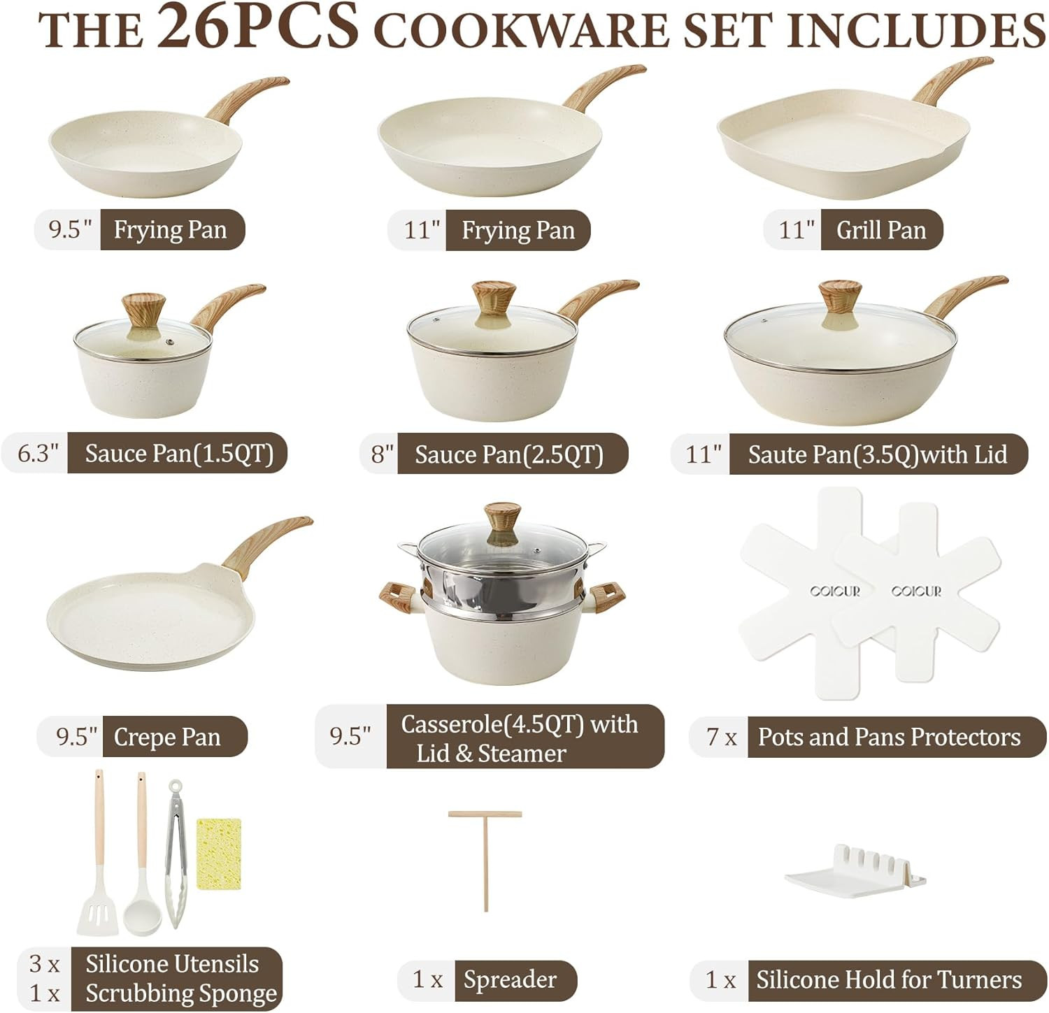 26Pcs Nonstick Ceramic Cookware Set with Utensils – Cream White