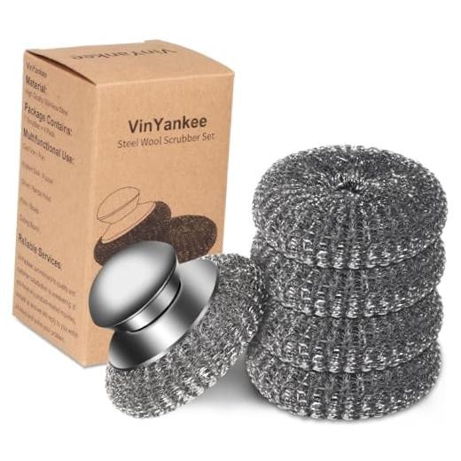 5Pcs Steel Wool Scrubber with Replacement Wire Sponge Pads Set, 1 Handle+4 Pads