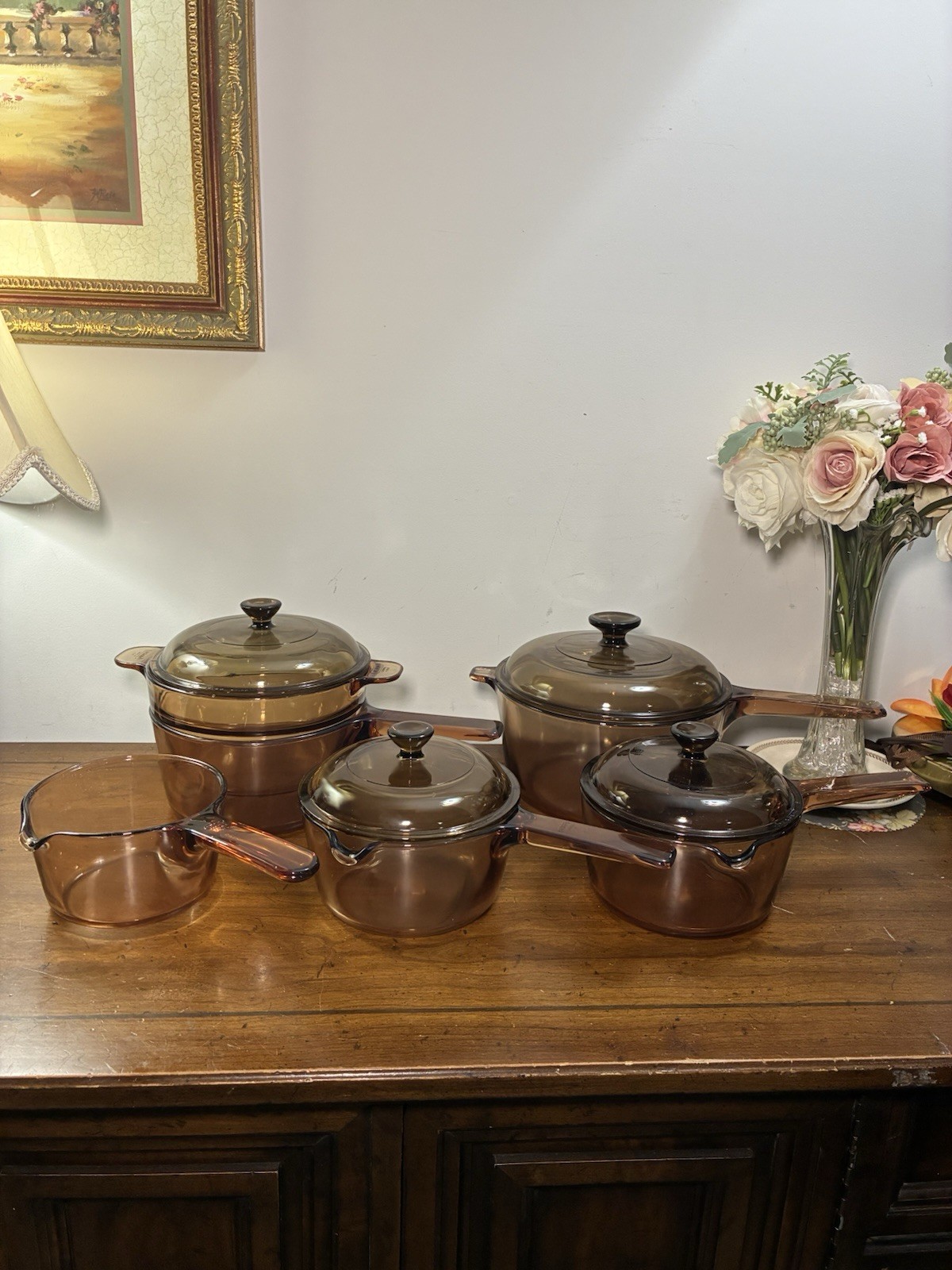 Vintage Corning Ware Amber Vision 10p 4 Sizes Sauce Pans Double Boiler USA