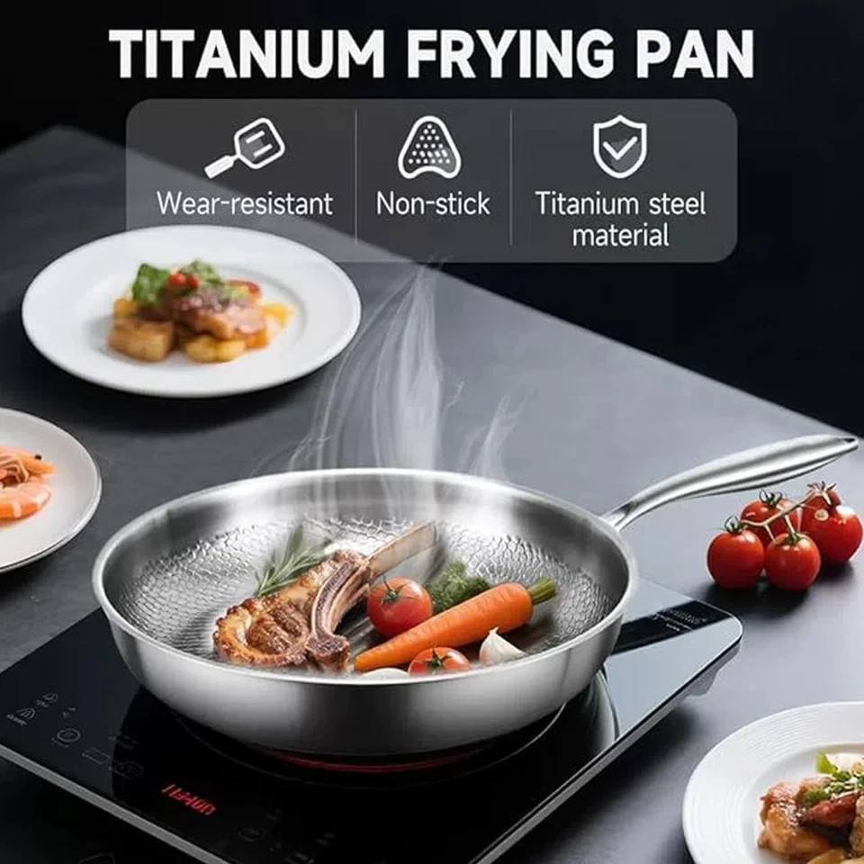 Pure Titanium Hammered Frying Pan with Lid, 12 Inch Skillet, No Coating Cookw…