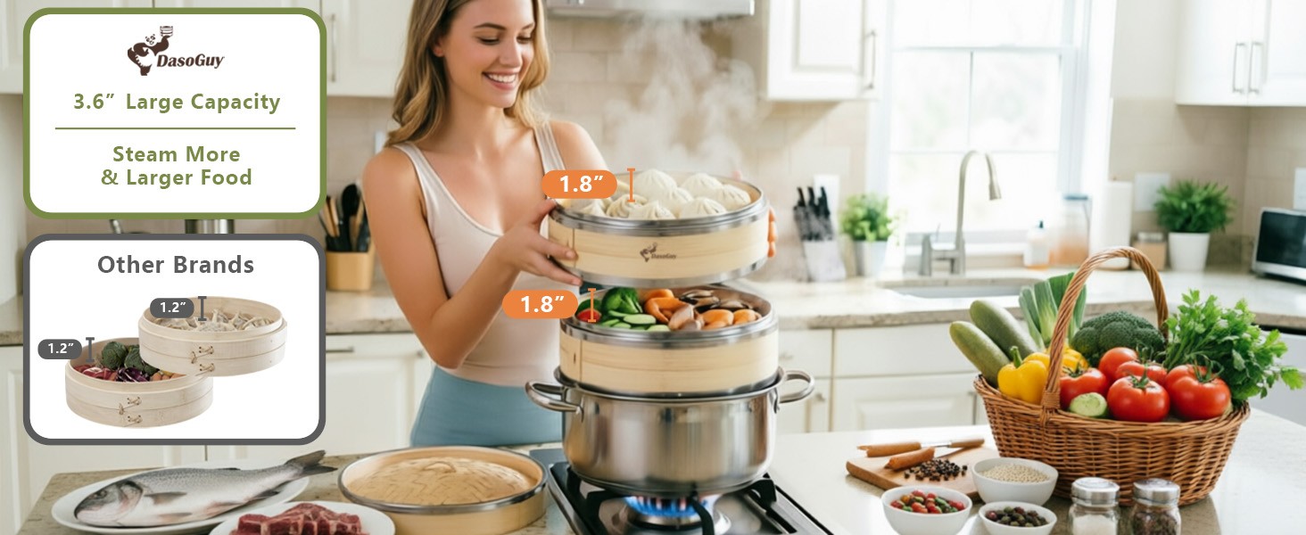 Bamboo Steamer Basket, Stainless Steel Reinforced Rim, 12-Inch 2-Tier Steamer