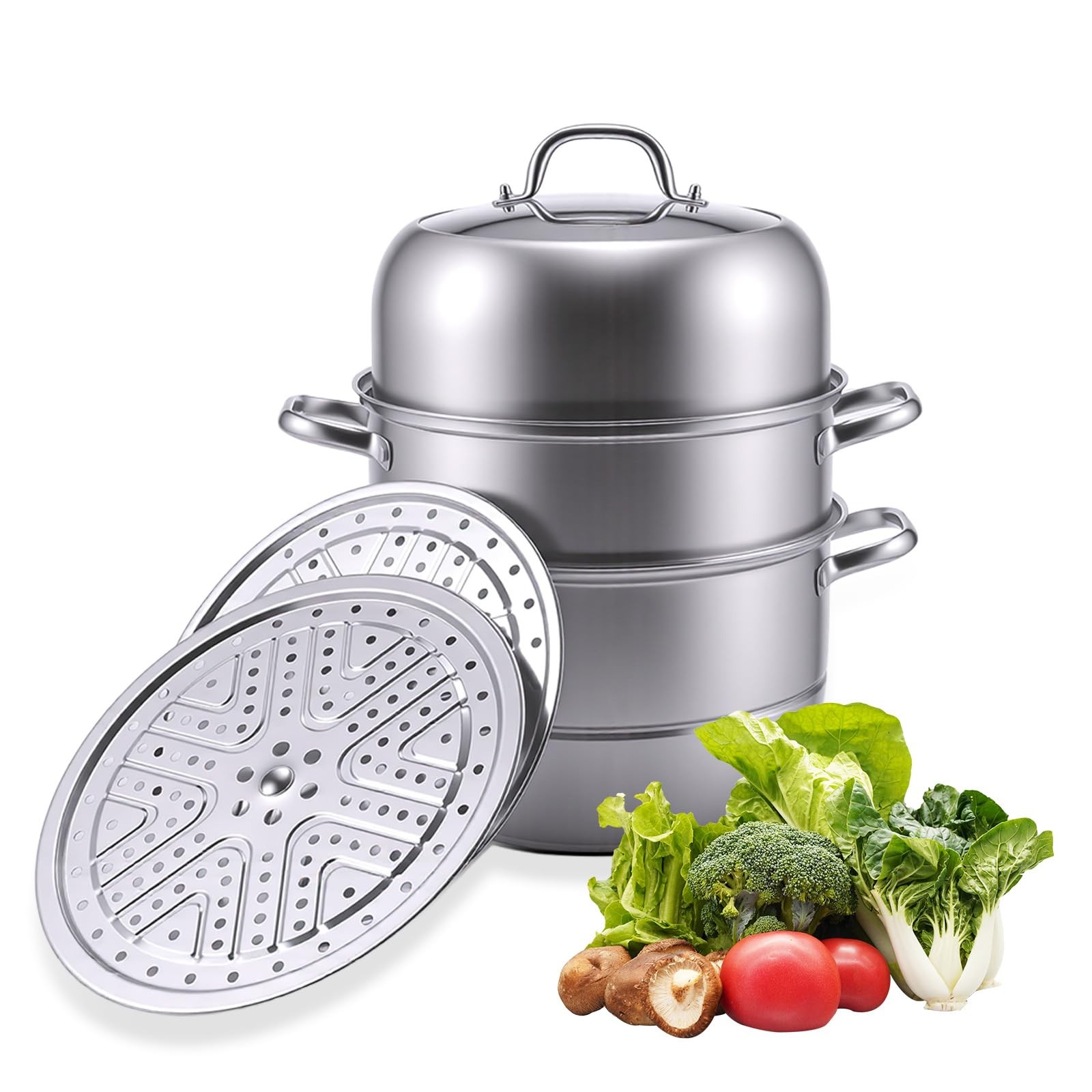 2-Tier Stainless Steel Induction Steamer Pot (30cm/11.8Inch) – Large Food Ste…