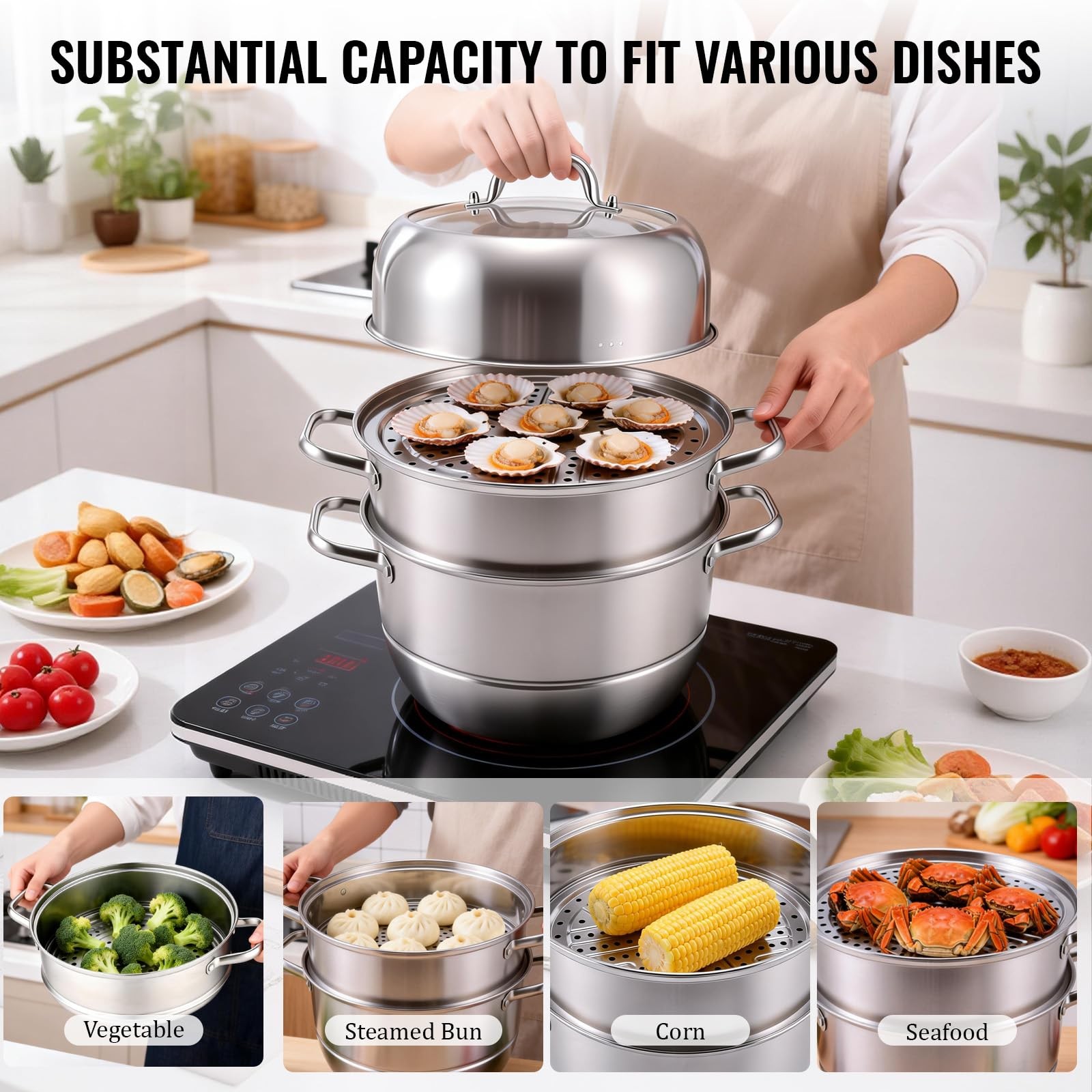 2-Tier Stainless Steel Induction Steamer Pot (30cm/11.8Inch) – Large Food Ste…