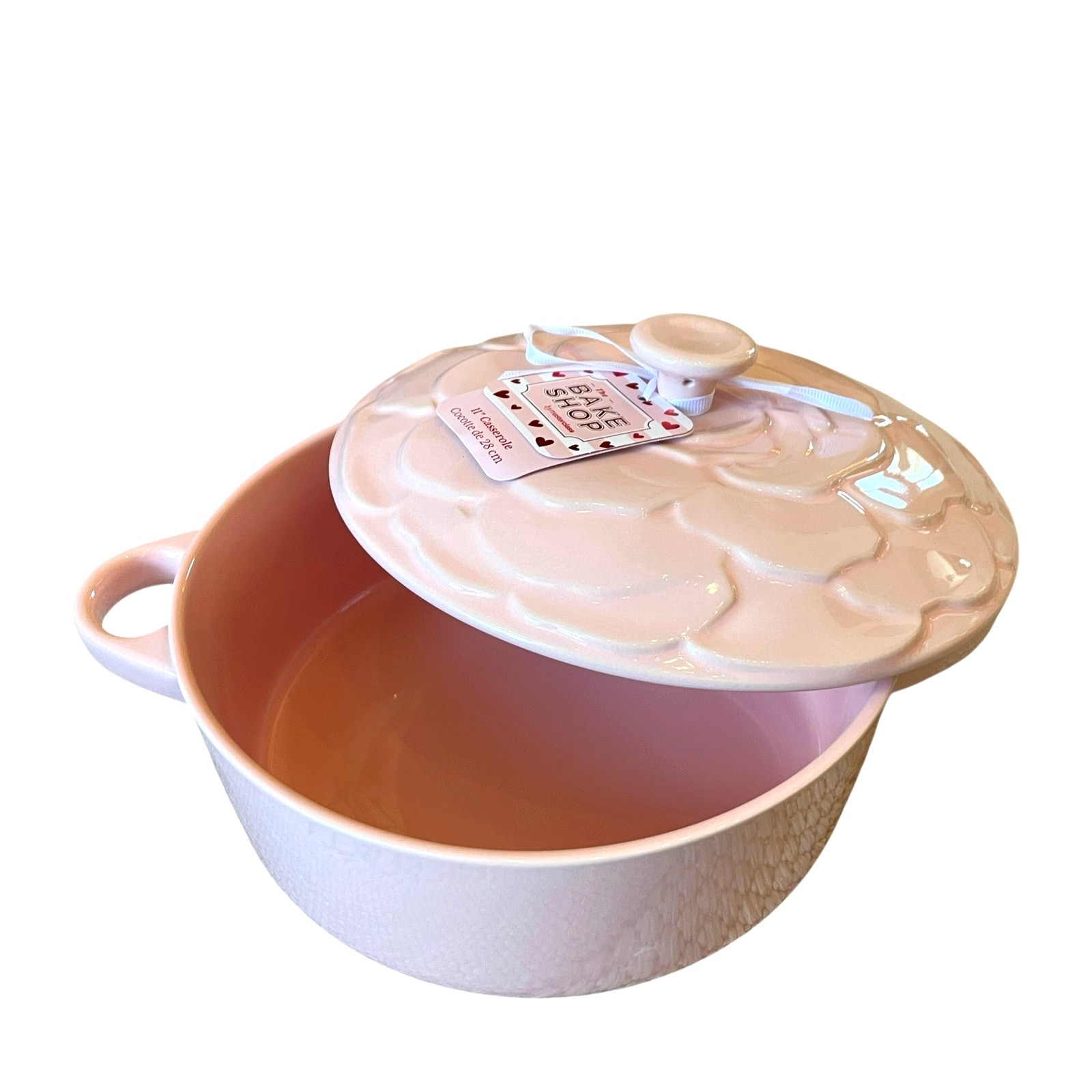 The Bake Shop Rose Embossed Casserole Dish w/ Lid 11in Large Pastel Pink New