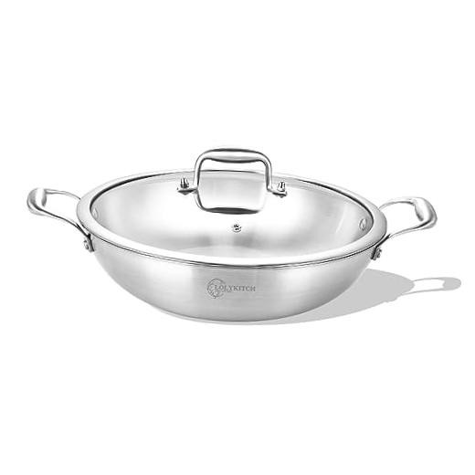 10 Inch Tri-Ply Stainless Steel Wok Pan with Lid,2.5 QT 10 Inch with Glass Lid