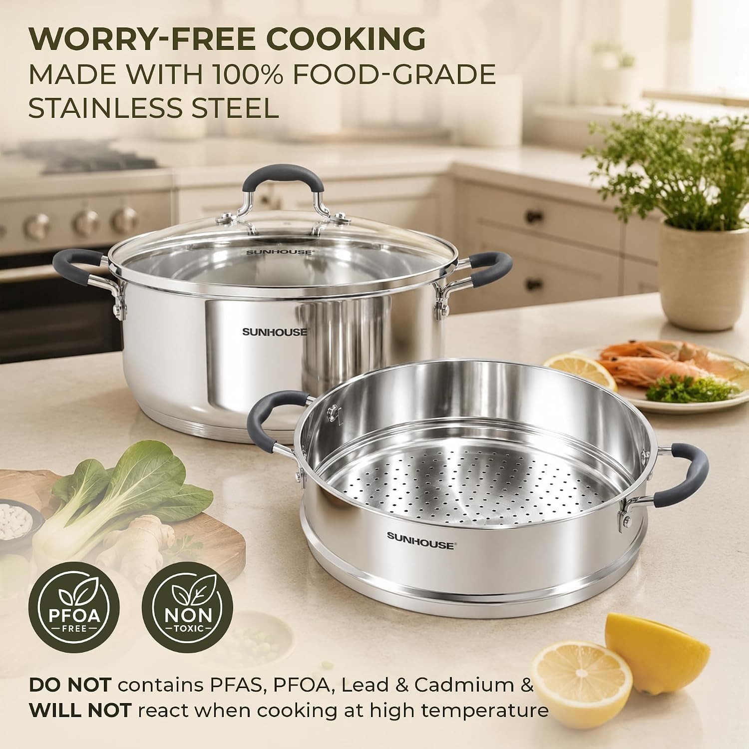 Stainless Steel Steamer Pot 5 Qt with Glass Lid 2 Tier Food Steamer Basket