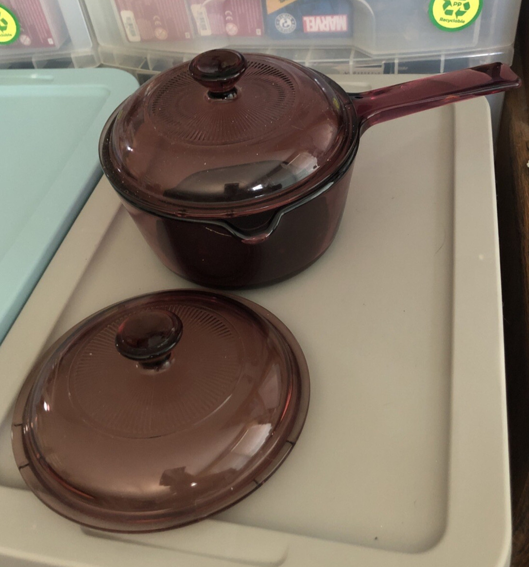 Corning Ware Visions Cranberry 1.5 Liter Microwave Oven Sauce Pan Pot 2 Lid