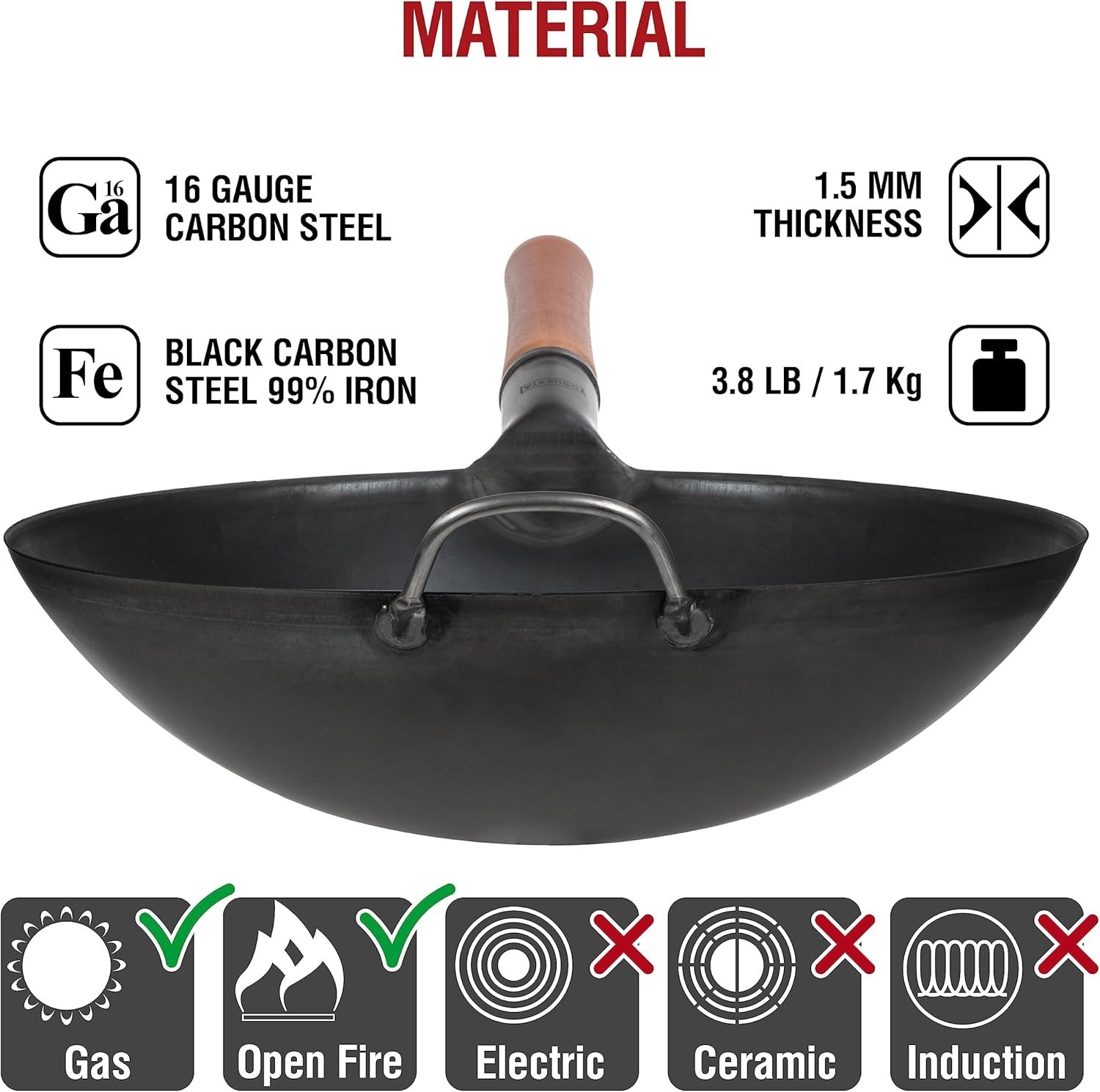14″ Carbon Steel Wok with Round Bottom – Pre-Seasoned Pow Wok for Stir Fry – …