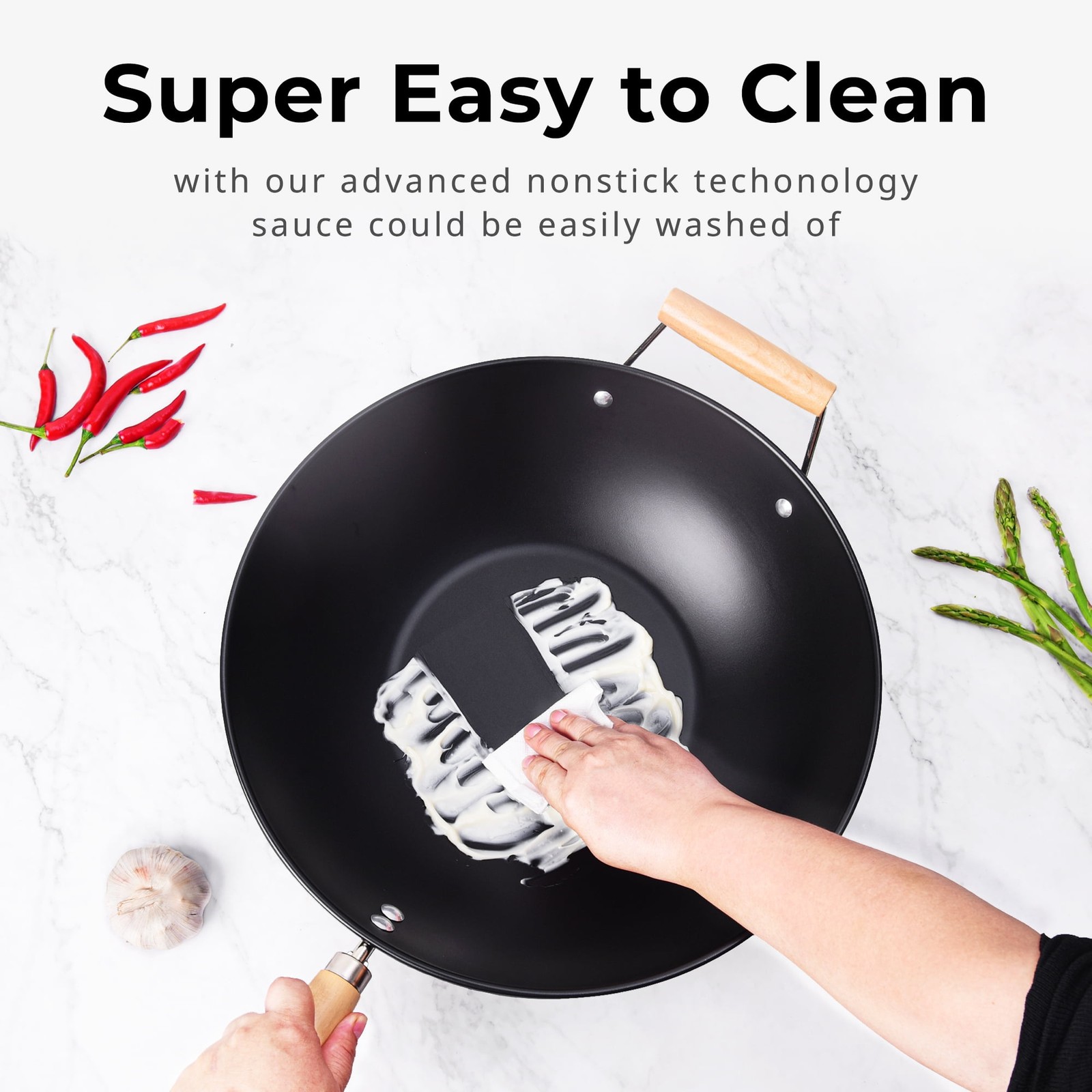 Easy clean, hand wash recommended Carbon Steel, Non-Stick, NS Wok