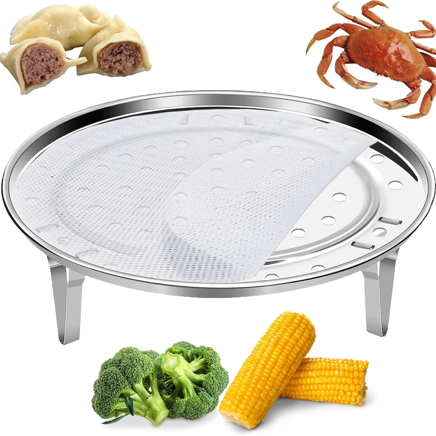 Round Steamer Rack 1pcs with Silicone Liners, Stainless Steel Food Steamer