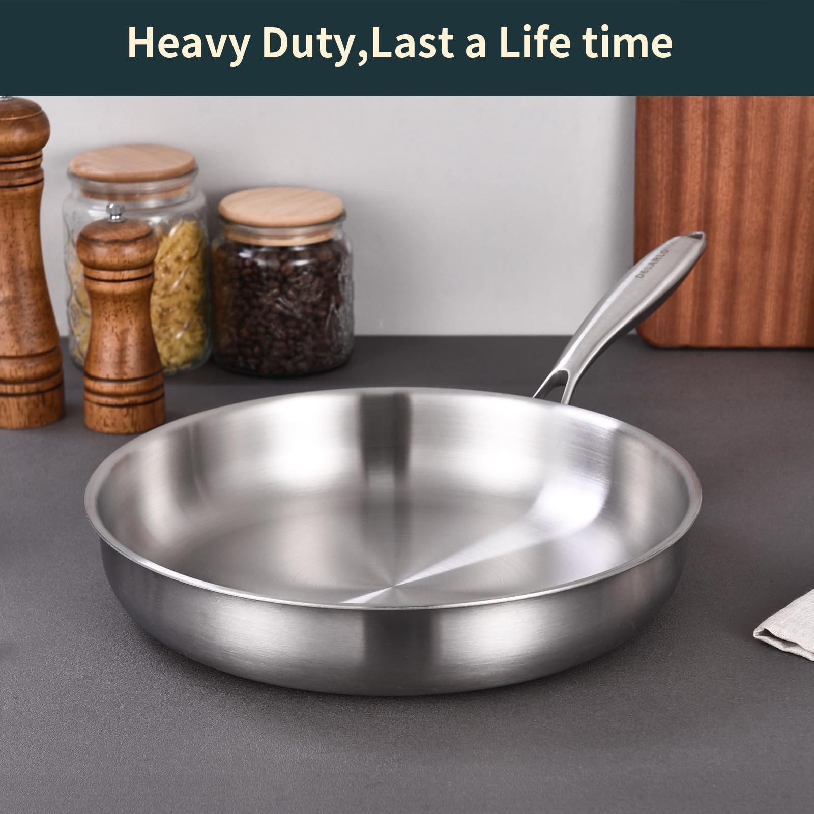 DELARLO Tri-Ply Stainless Steel Frying Pan with Lid, Compatible with All Cook…