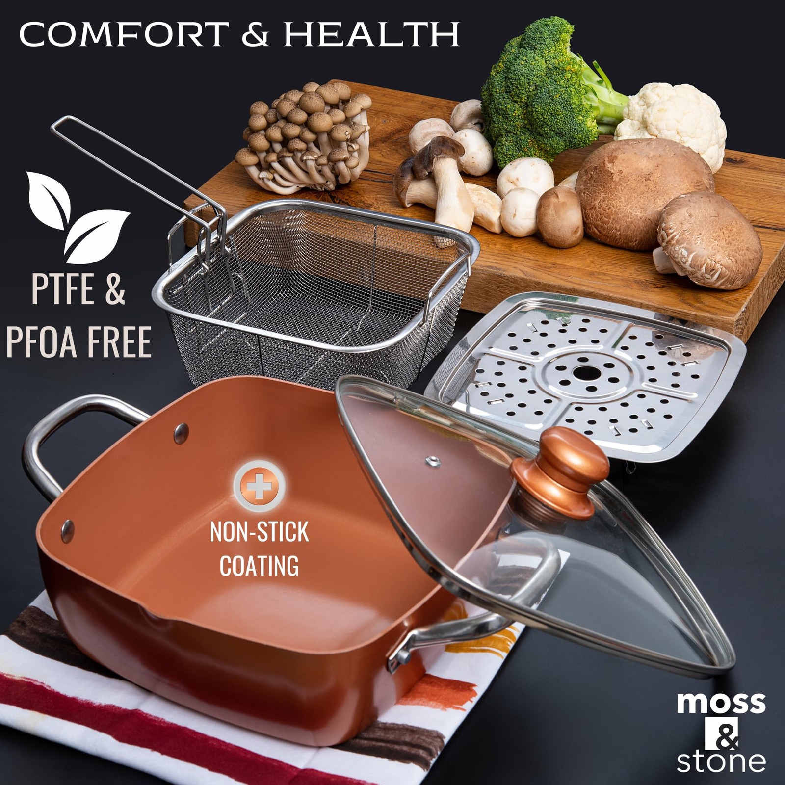 Moss & Stone 6 Pcs Copper Chef Cookware Non Stick Deep Frying Pan 9.5″ x 3.5″…