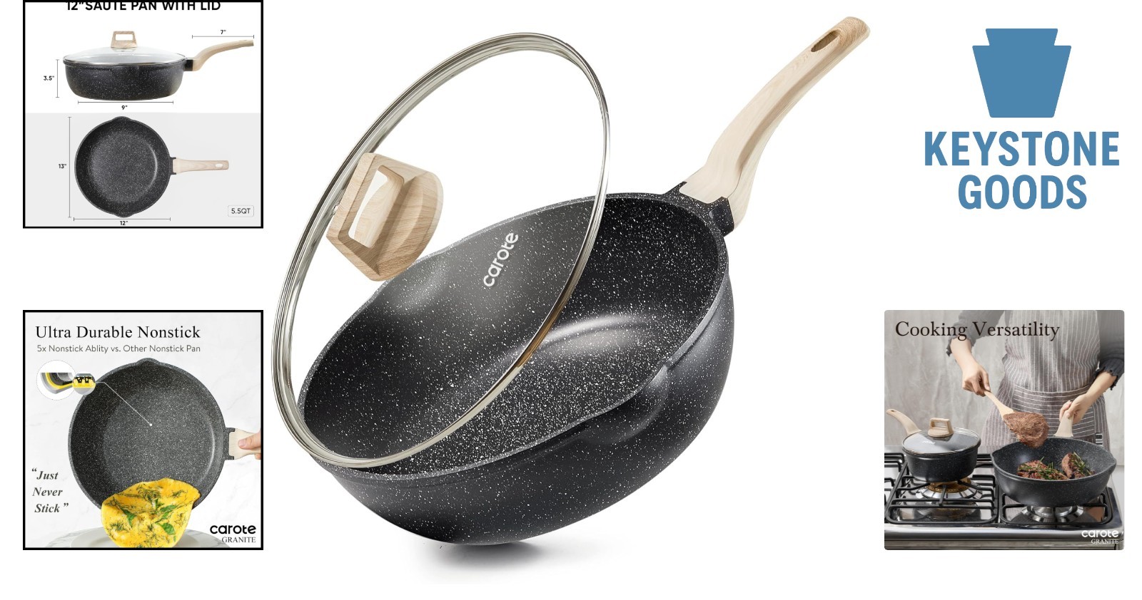 12-Inch Nonstick Deep Frying Pan with Lid, 5.5 Qt Jumbo Saute Pan, Induction …