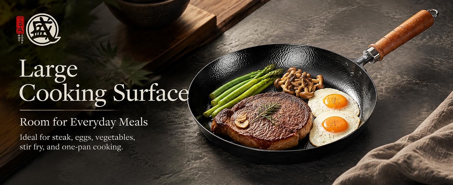 11-Inch Japanese Iron Skillet, Flat Bottom | No synthetic coating, hammered iron