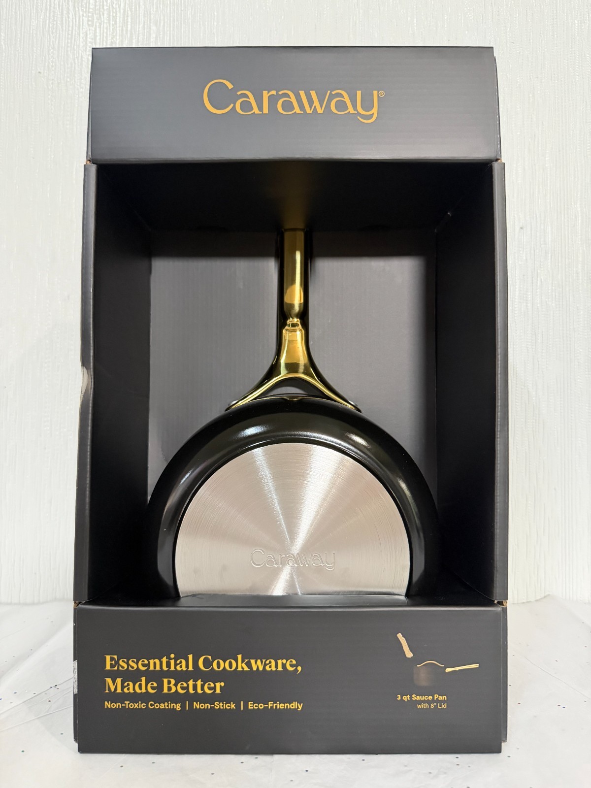 Caraway Nonstick Ceramic Sauce Pan with 8″ Lid Non Toxic 3 Qt Black