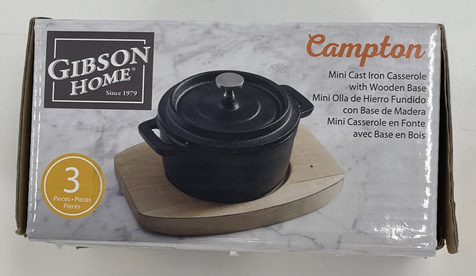 Gibson Home Campton Mini Cast Iron Casserole Wooden Base 4″ Round Dutch Oven