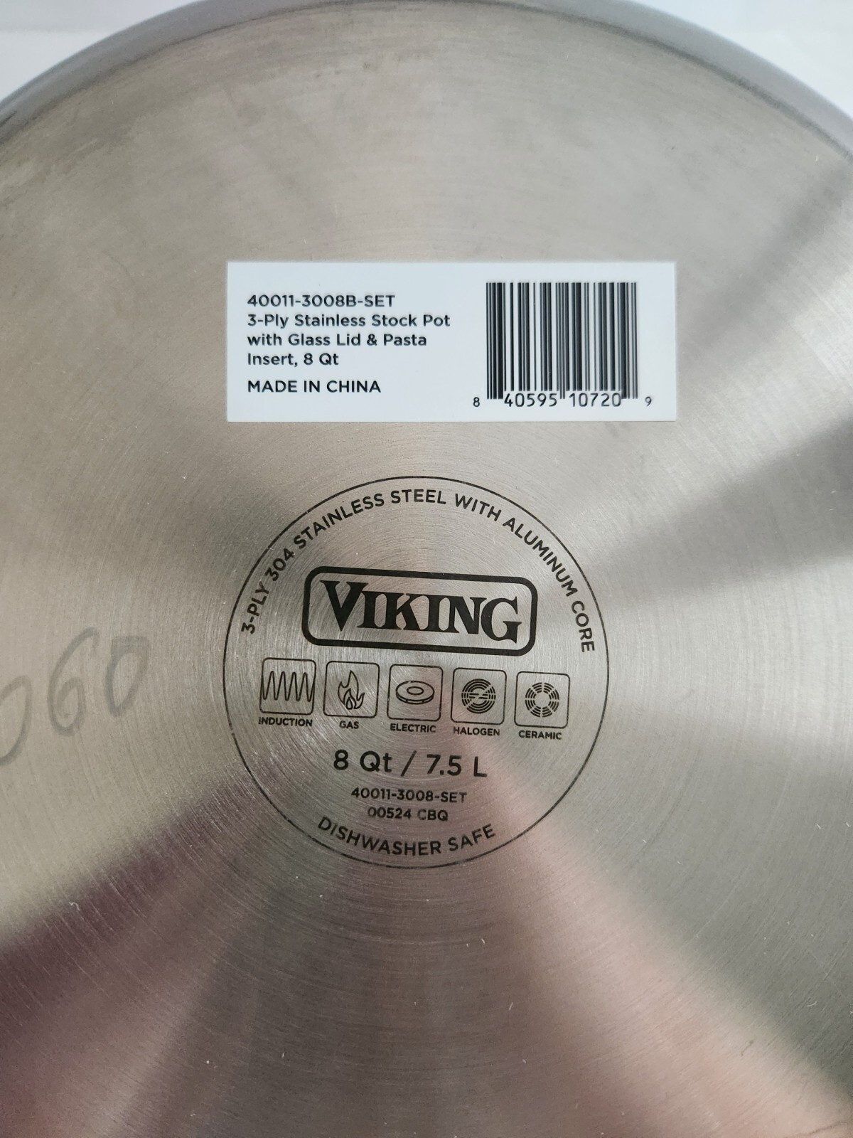 Viking 3-Ply Stainless Steel Stock Pasta Pot, Glass Lid 8 Qt/7.5L 9” D -NEW-