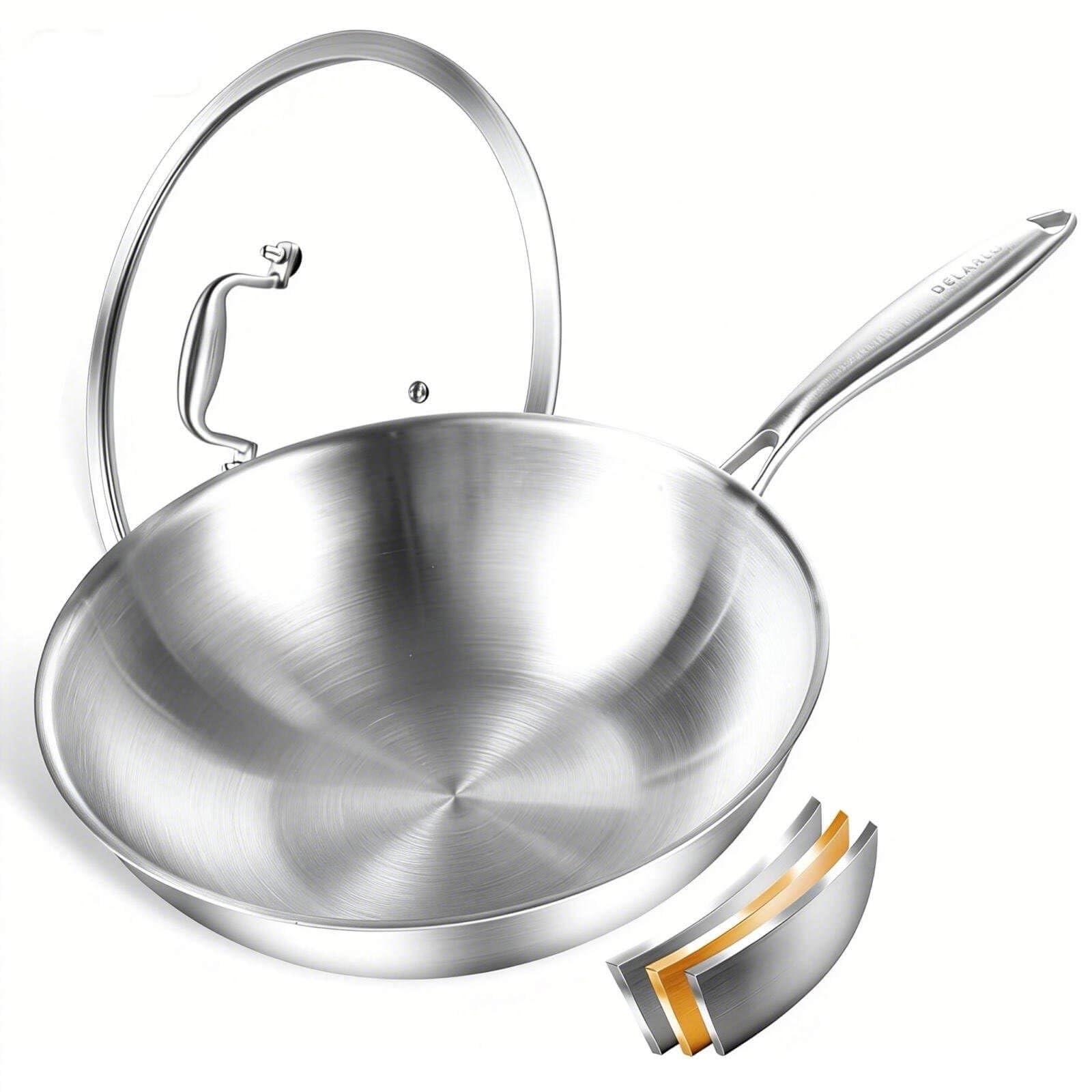 DELARLO Tri-Ply Stainless Steel Wok, 12.5 inch Induction Wok, Flat Bottom Wok wi
