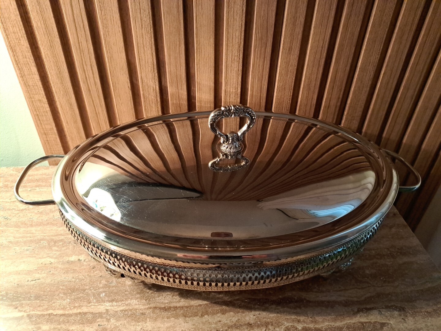Marinex Casserole Serving Dish Oval 13.5 Inches Glass Silver Plate Vintage