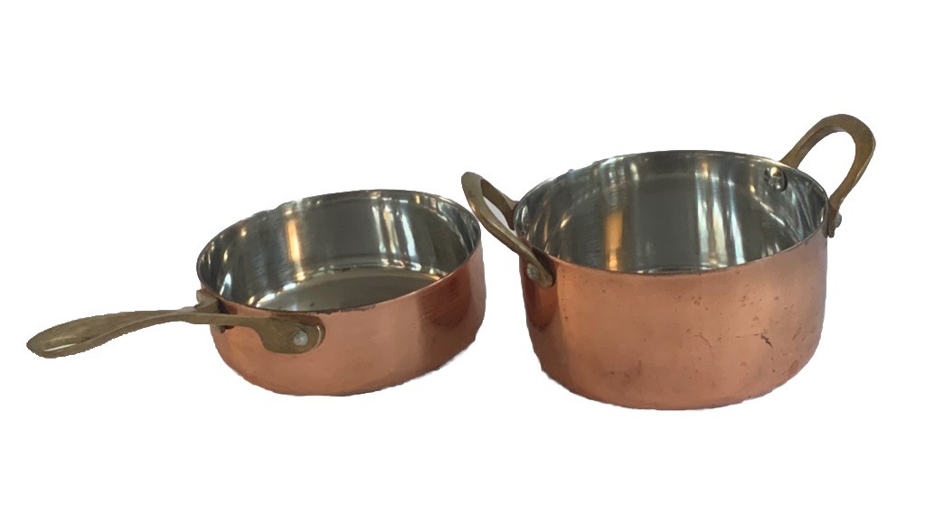 2 Mini Stainless Steel Copper Plated Dutch Oven Fryer Brass Handle 4.75″ No Lid