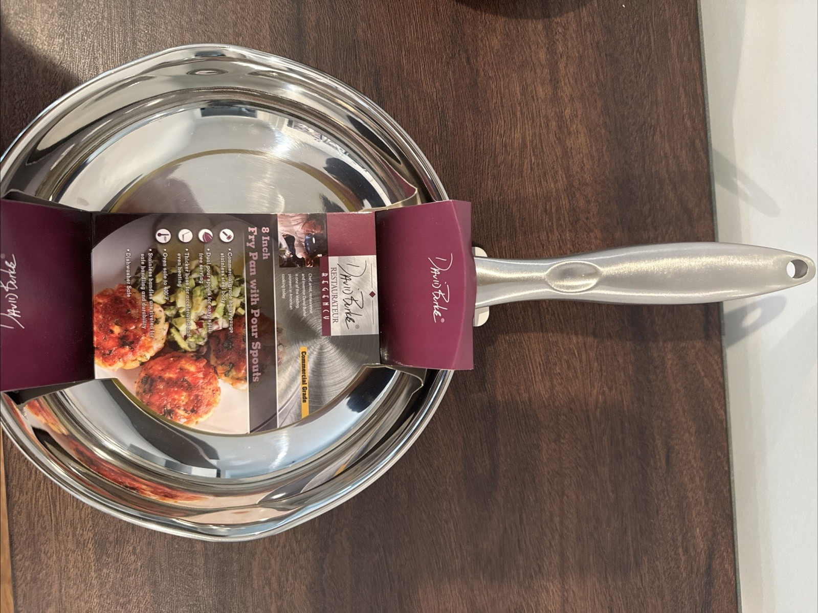 David Burke Stature 8” Heavy Stainless Steel Fry Pan Skillet Pour Spouts M-11825