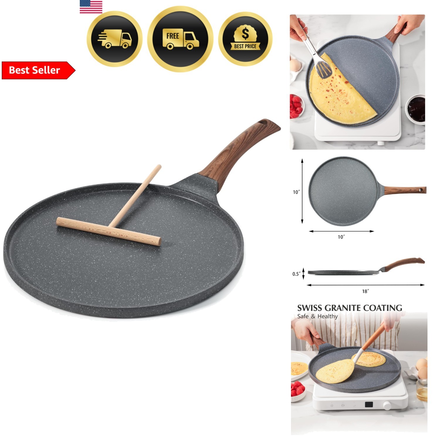 Crepe Pan Nonstick Griddle 10 Inch Swiss Granite Coating Skillet Induction
