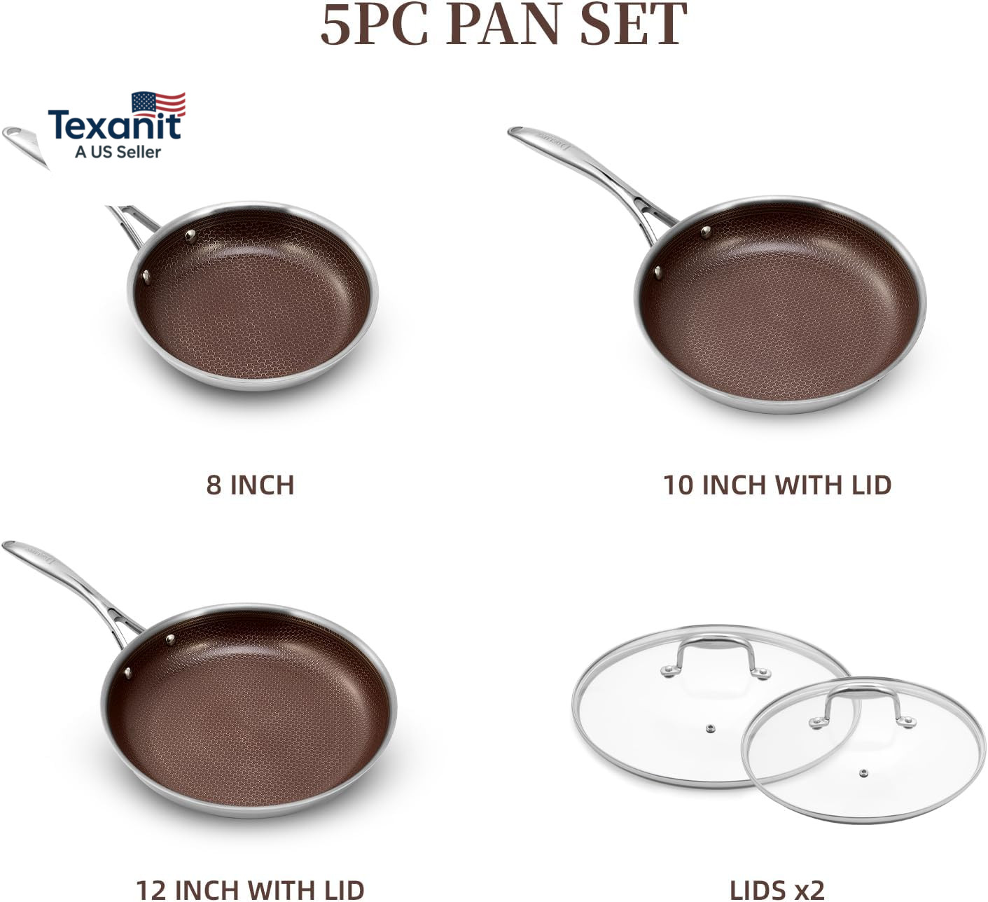 Hybrid Ceramic Nonstick 5-PC Fry Pan Set,8,10,12 Inch Frying Pans with Tempered