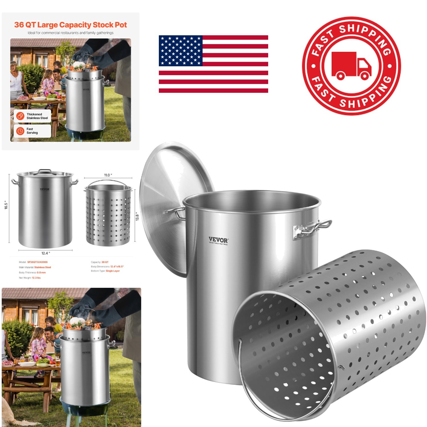 Stainless Steel Stockpot 36 Quart Heavy Duty Cookware Pot with Lid and Handle