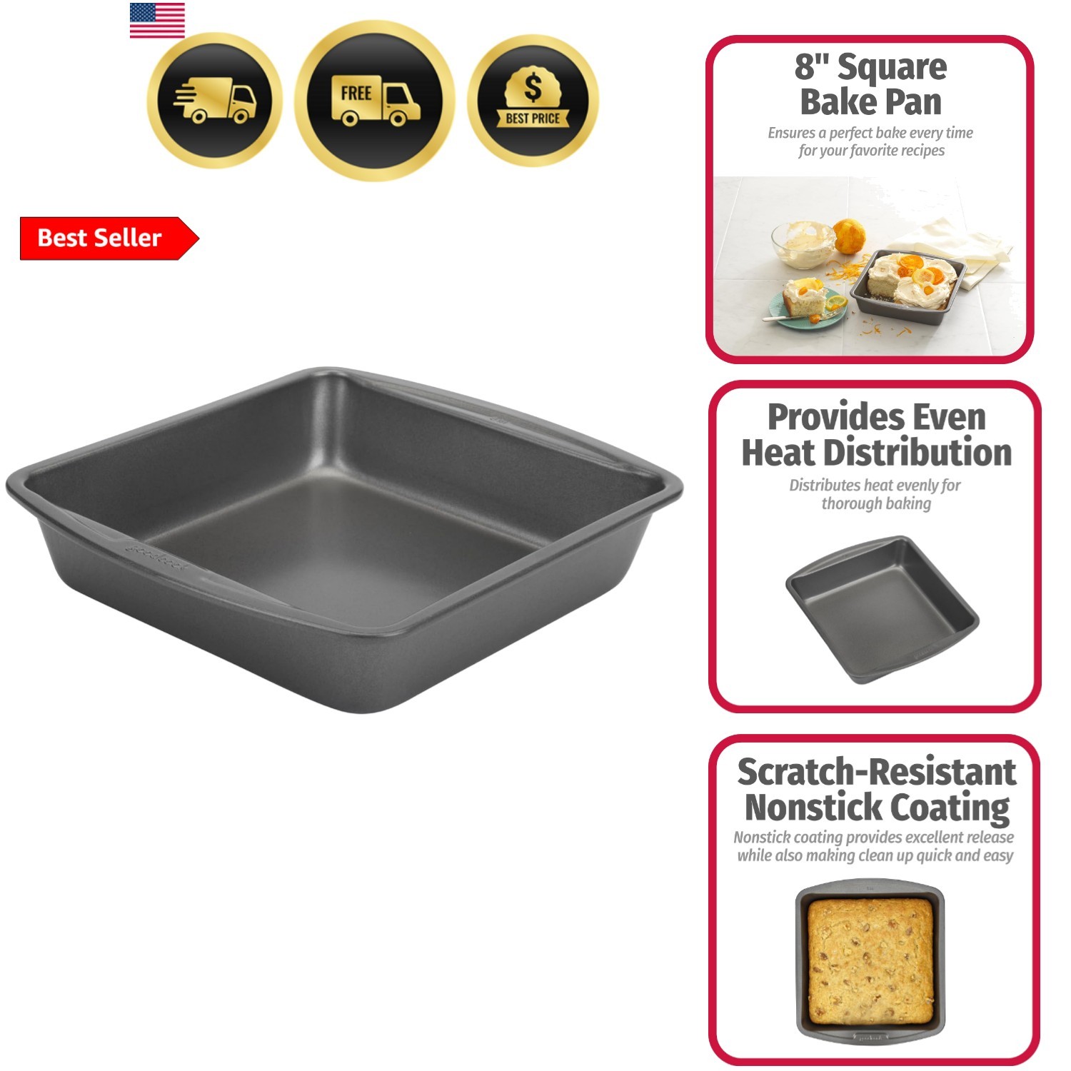 Nonstick Square Cake Pan 8 Inch Gray Oven Safe Bakeware for Baking