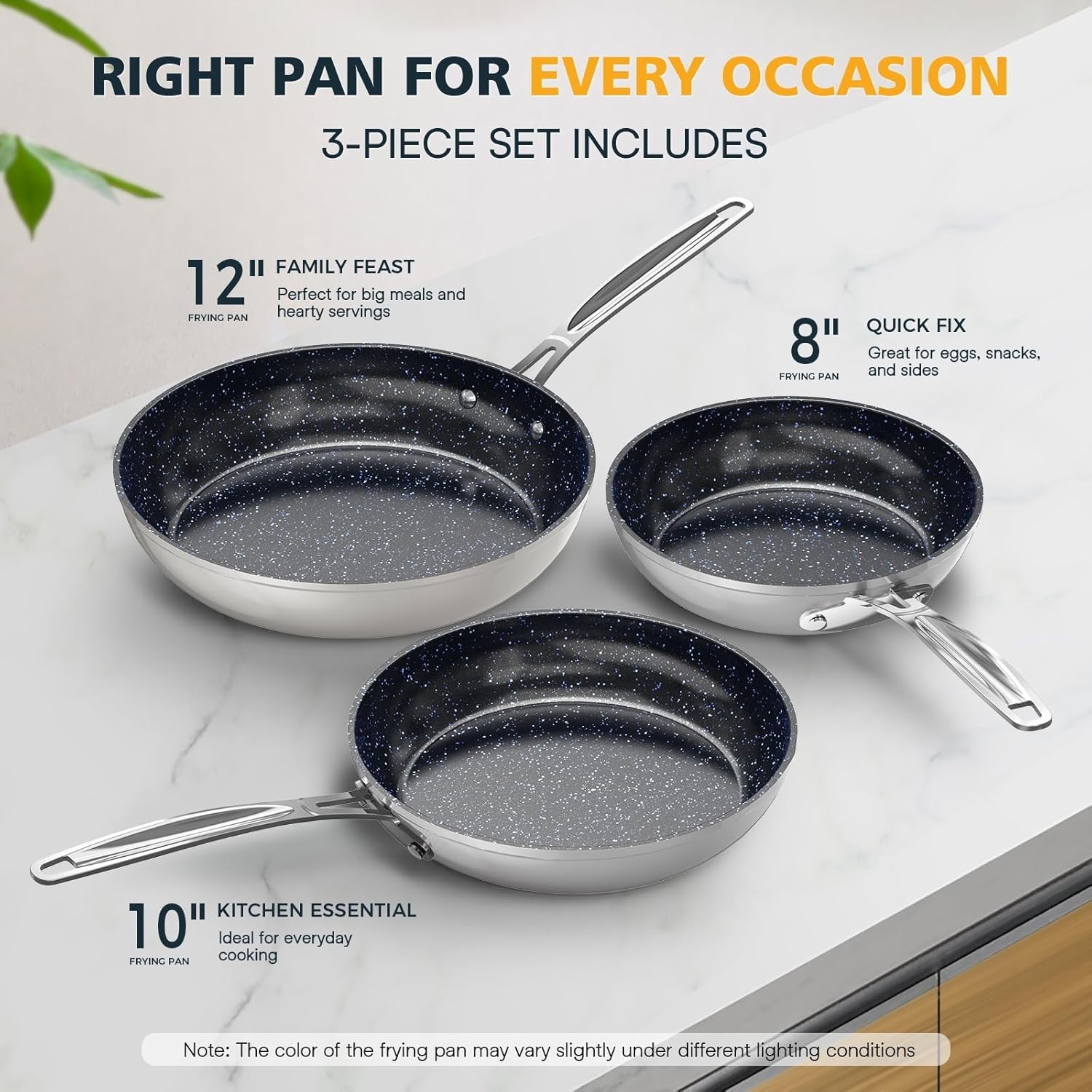 3PC Ceramic Nonstick Frying Pan Set 8 10 12in Induction Ready