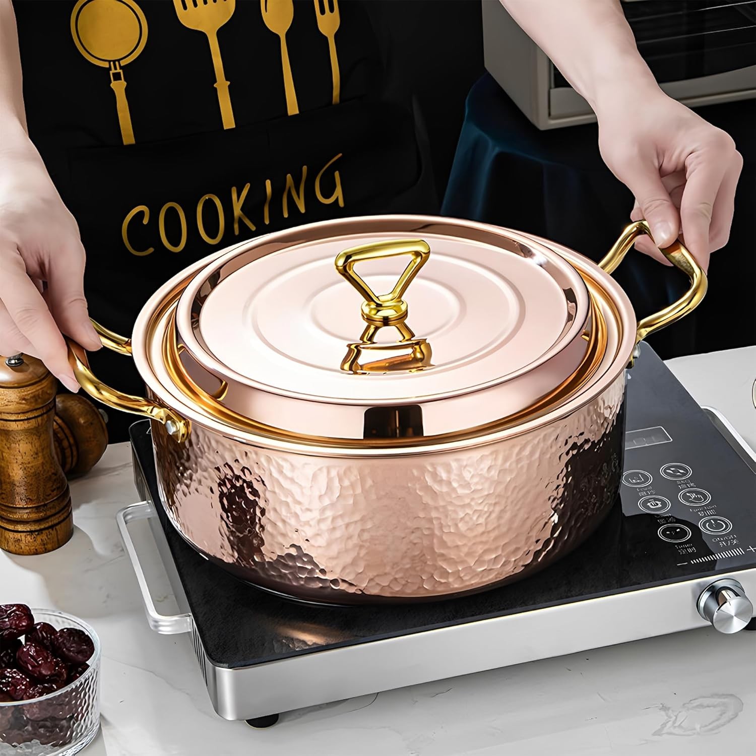6.7QT Hmered Sto Pot with Lid, Copper Rose Gold, Tri-Ply Stainl