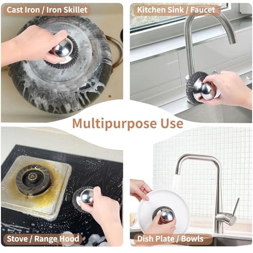 5Pcs Steel Wool Scrubber with Replacement Wire Sponge Pads Set, 1 Handle+4 Pads