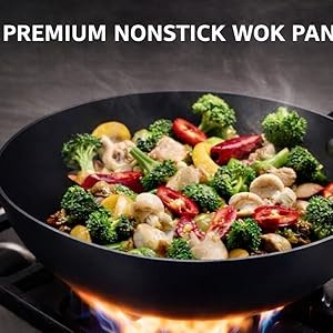 12.6 Inch Carbon Steel Wok Pan with Glass Cover, Pre-Seasoned Nonstick Flat