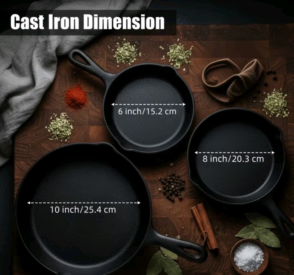 3pc CAST IRON Skillet Set, 6/8/10 inch Pre-Seasoned Pans, Black