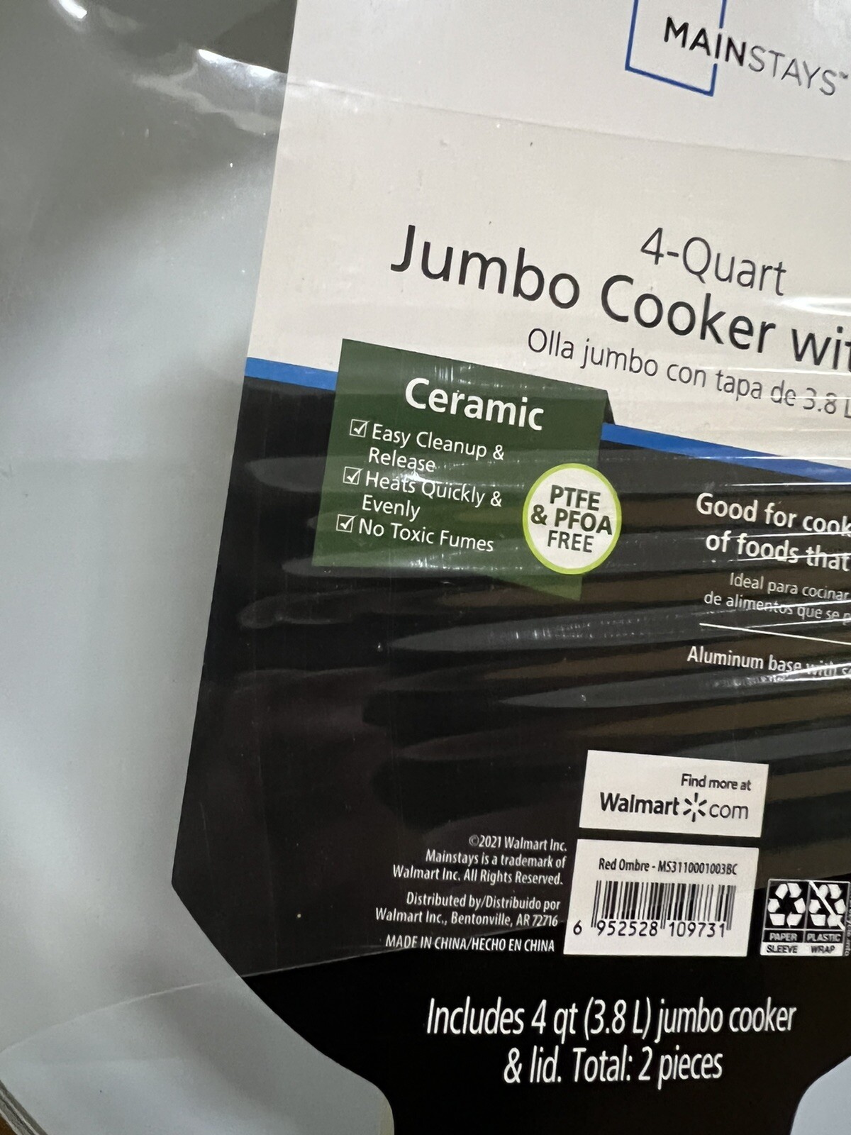 Mainstays 4-Quart Ceramic Jumbo Cooker with Glass Lid PTFE & PFOA Free Ombre Red