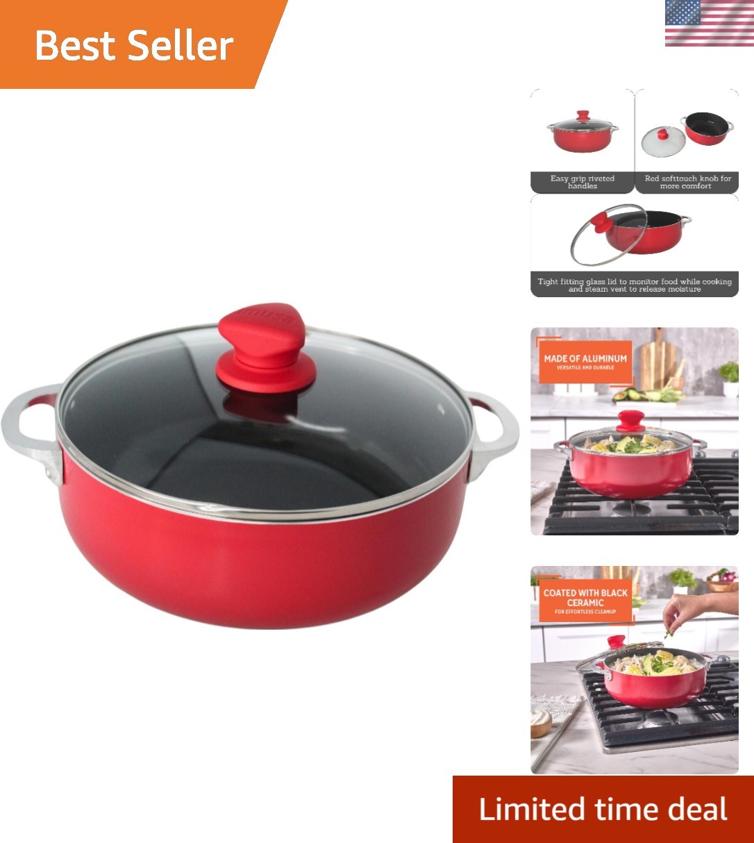Oven Safe 3.2 Qt Aluminum Dutch Oven with Glass Lid – Perfect for Rice & Stews