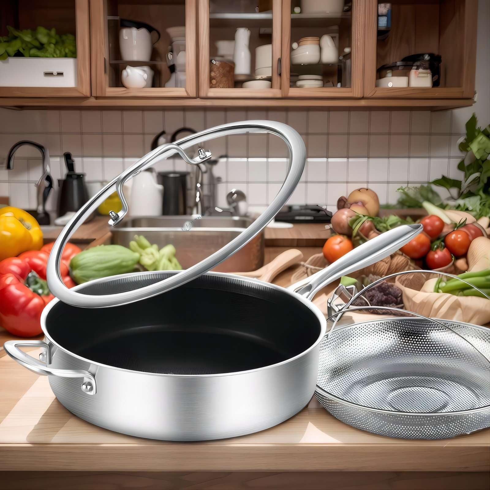 6 QT Tri-Ply Stainless Steel Non-stick SautÃ© Pan with Lid,12 Inch Deep Frying