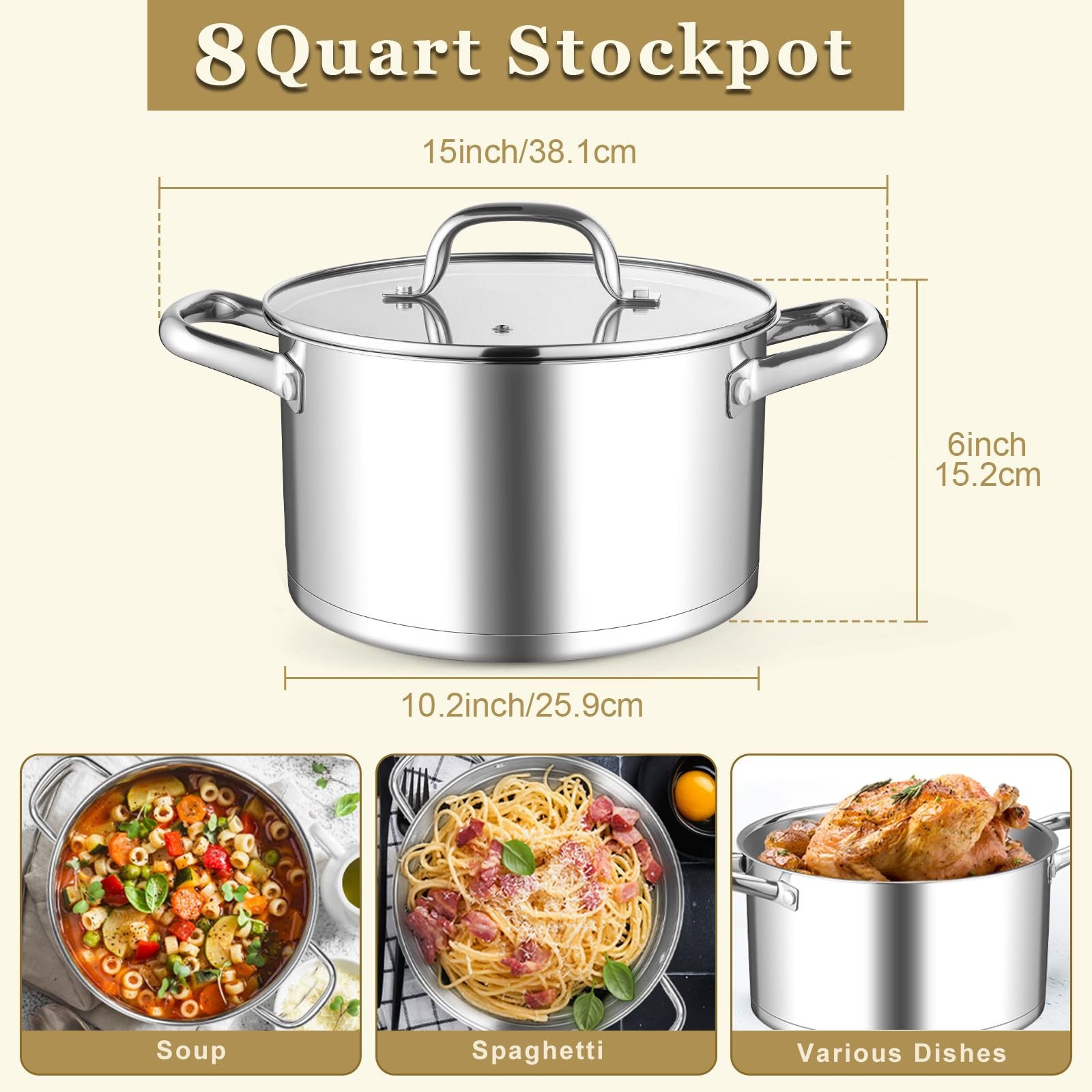 Stainless Steel Stock Pot, 8 Quart Stock Pot with Visible Lid, Heavy Duty 3-P…