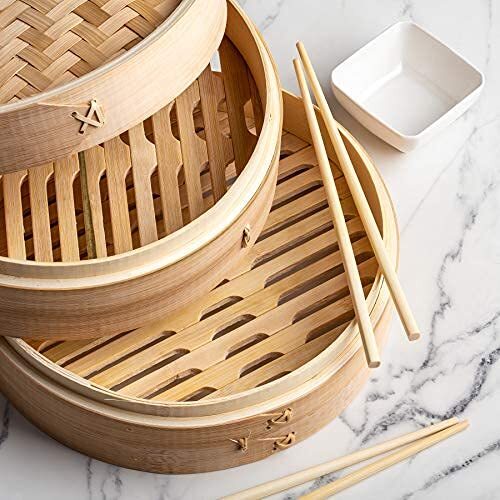 Prime Home Direct Bamboo Steamer Basket 10 inch, Dumpling Maker, Vegetable Steam