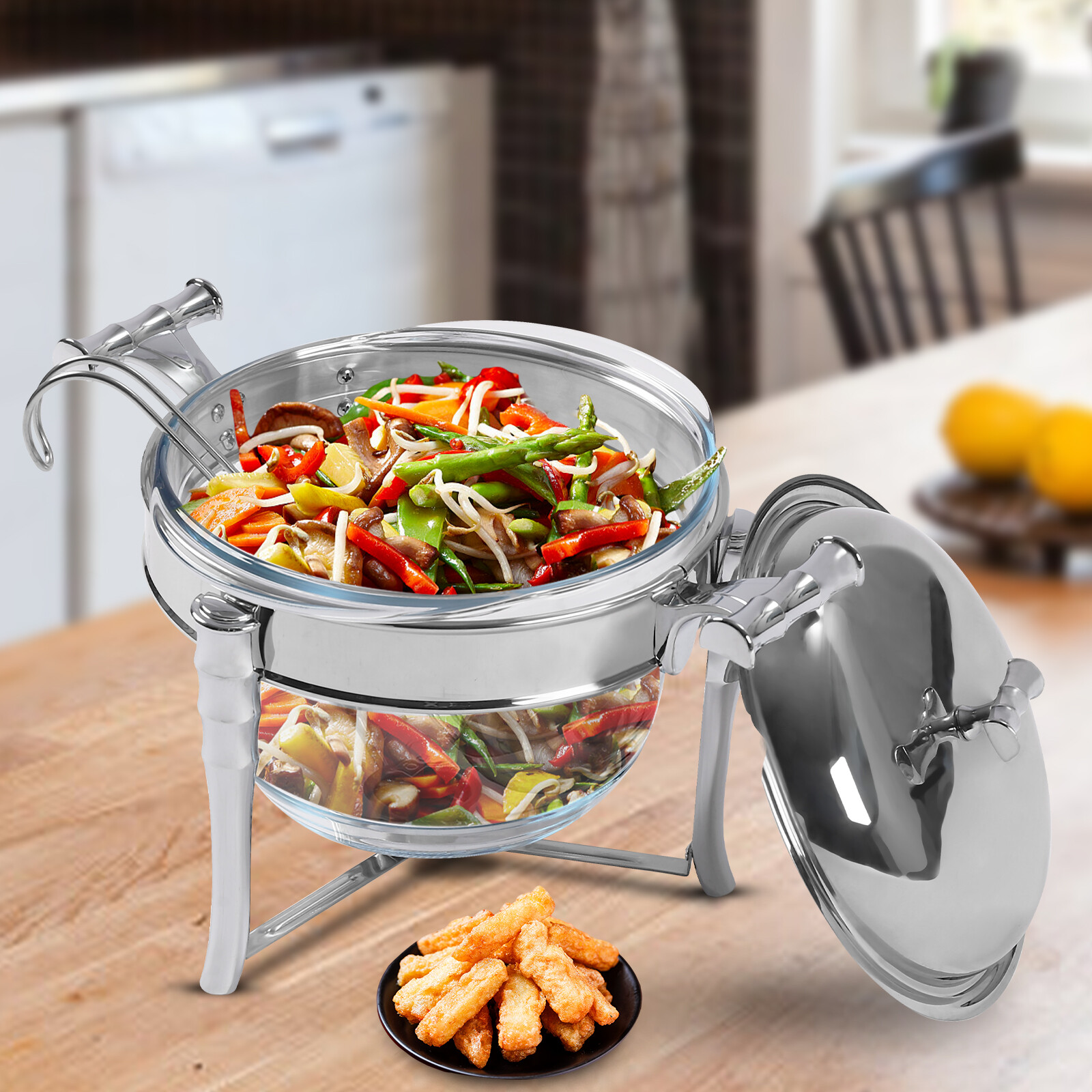 3.8L/4Qt Stainless Steel Chafing Dish Set Glass Pot Food Warmer Buffet Kitchens
