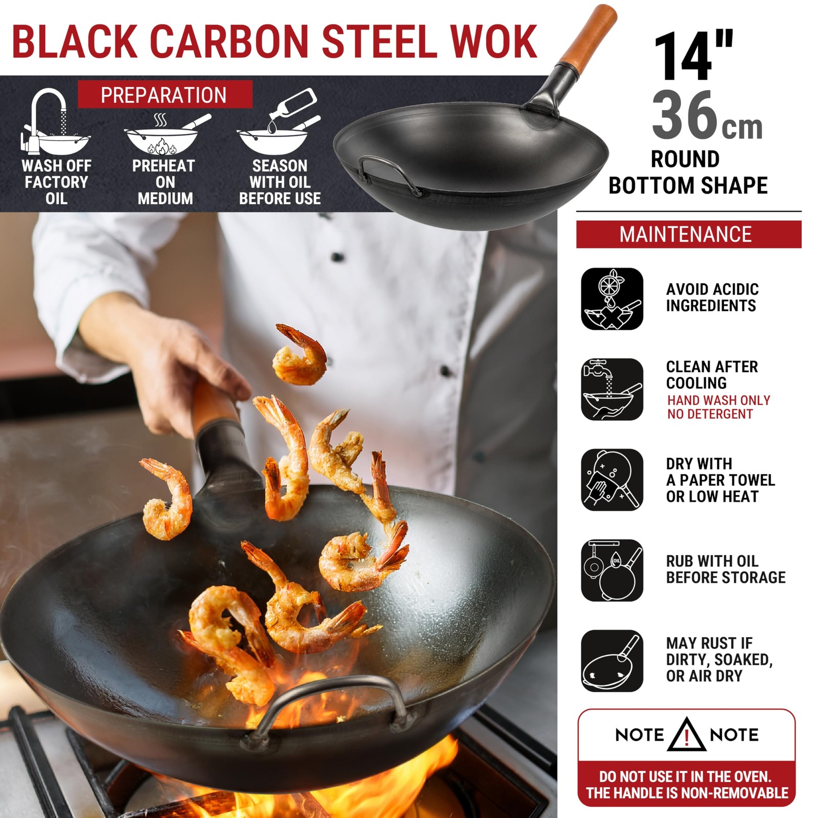 14″ Carbon Steel Wok with Round Bottom, Pre-Seasoned