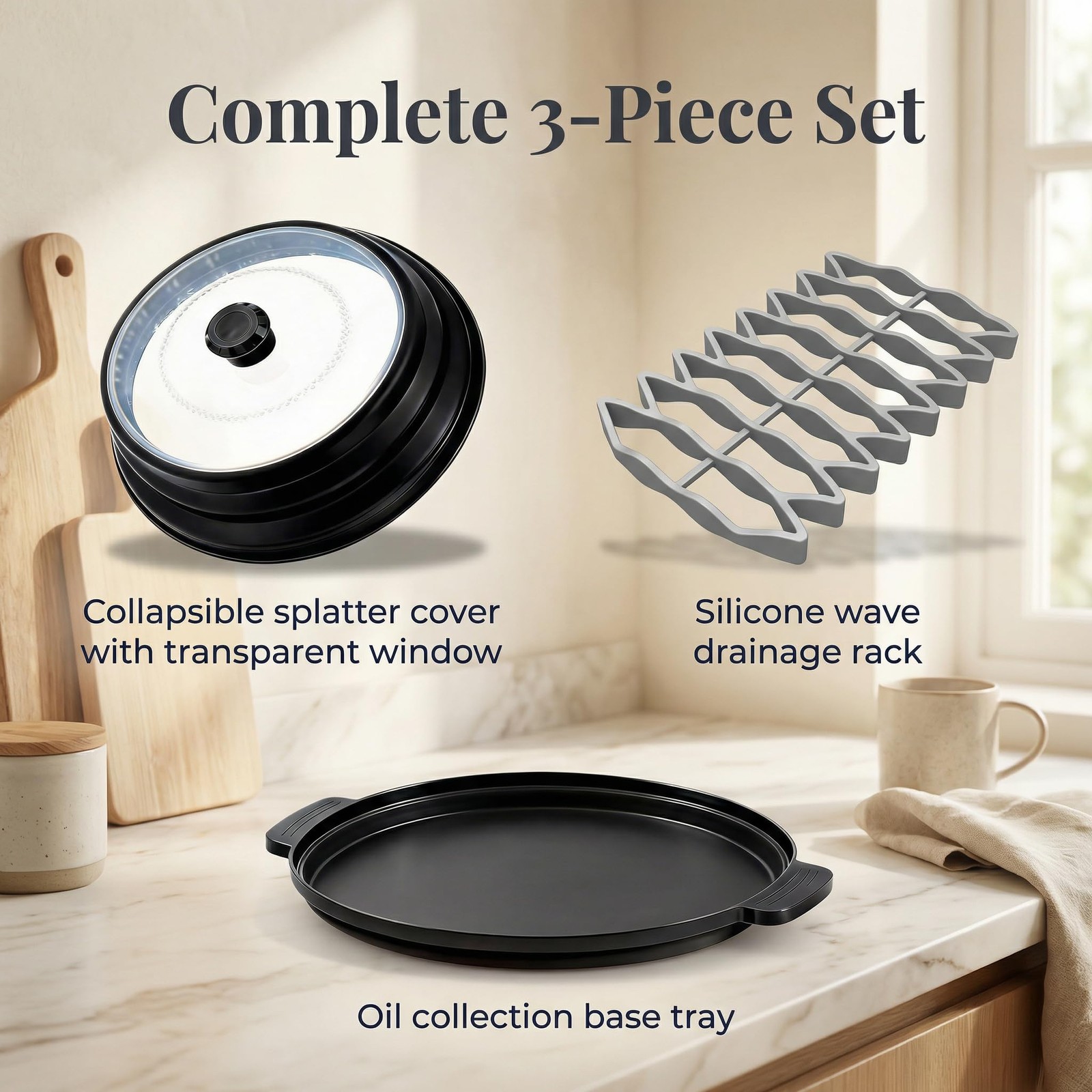 3Piece Microwave Bacon Cooker and Splatter Cover Set Collapsible Microwave L…