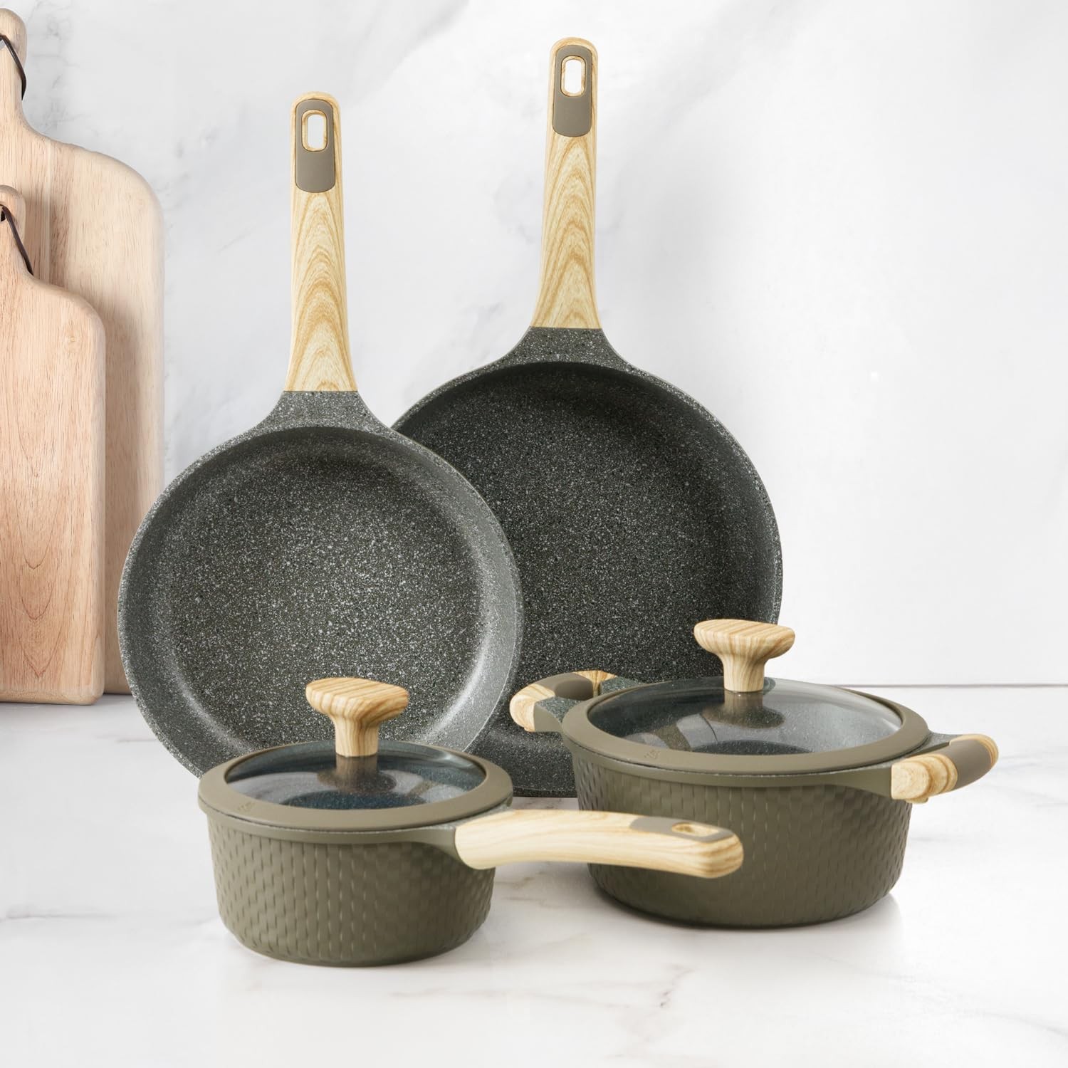 Bambù 6Pcs Cookware set, Die-cast Aluminum pots and pans, Nonstick frying pans a
