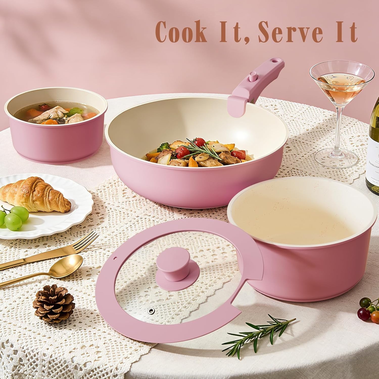 Pots and Pans Set Non Stick, 21 Pcs Ceramic Cookware Set with Detachable Handles