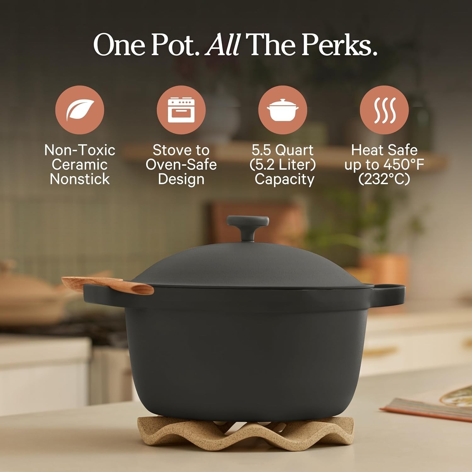 Our Place Perfect Pot | 5.5 Qt, Ceramic Pot with Lid & Spatula, Char