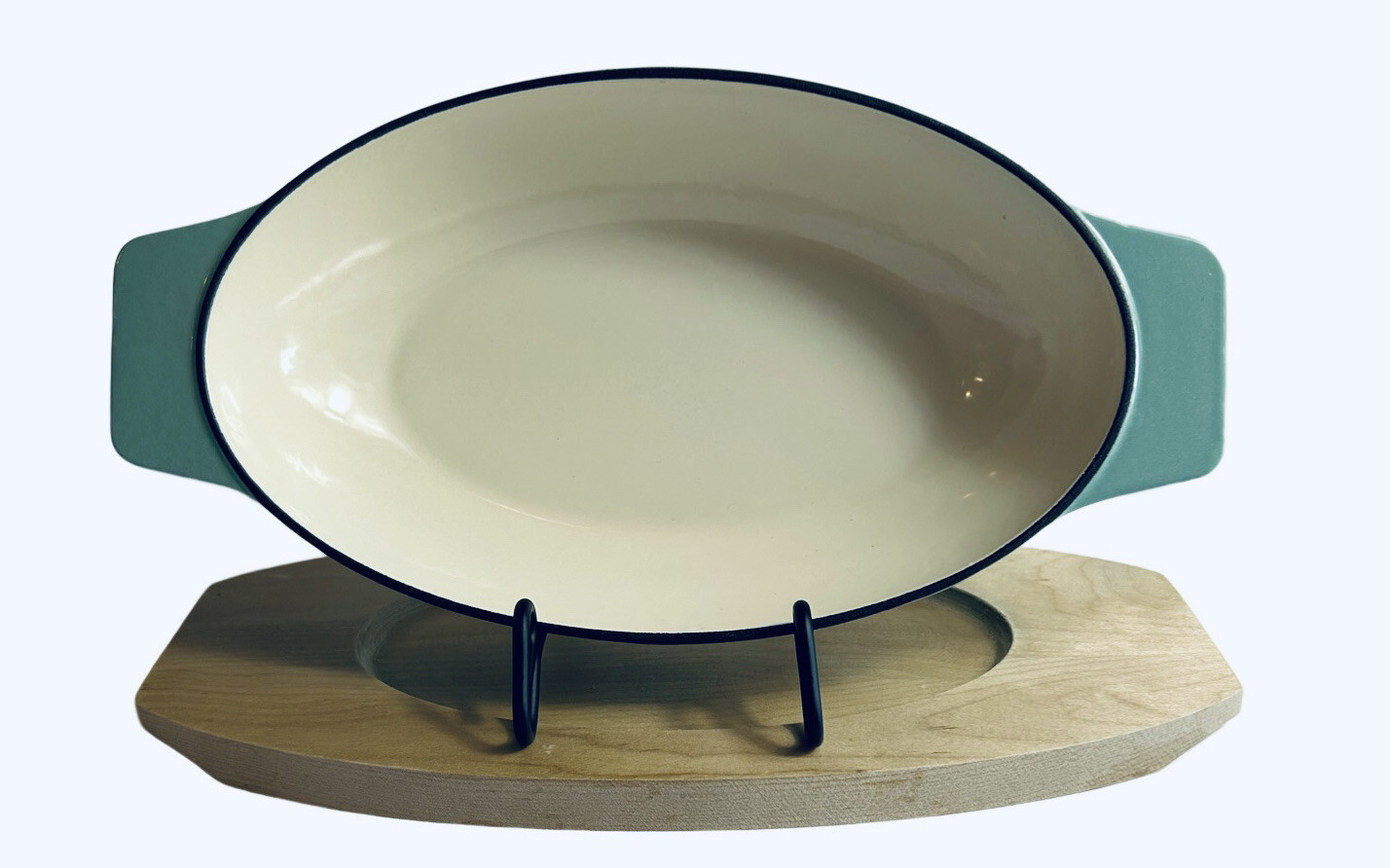 Martha Stewart Enameled Cast Iron Casserole Birch Wood Trivet Set Aqua 2 Pieces