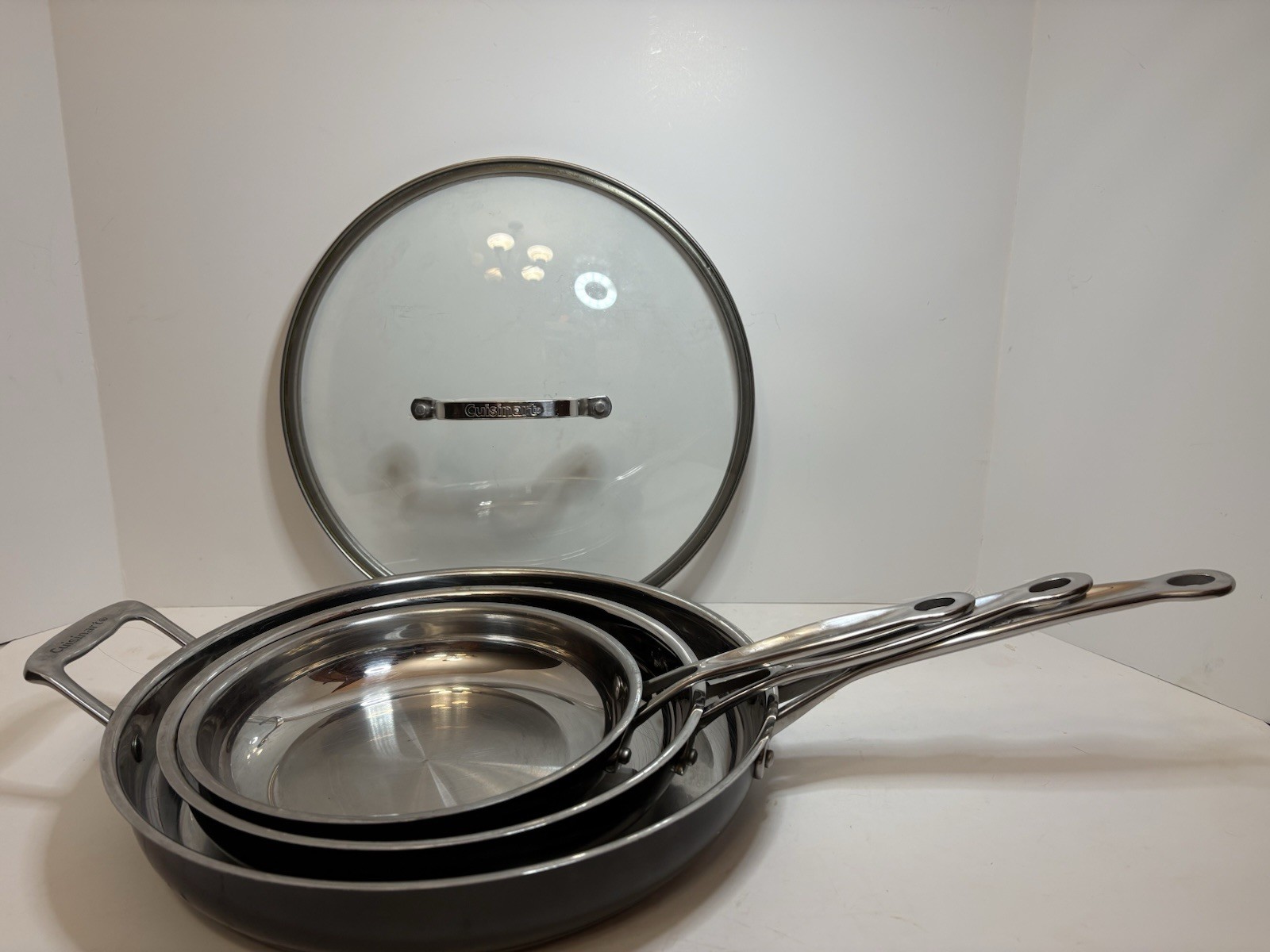 Cuisinart Stainless Steel Skillet Set 8” 10” 12” + Glass Lid Induction Ready