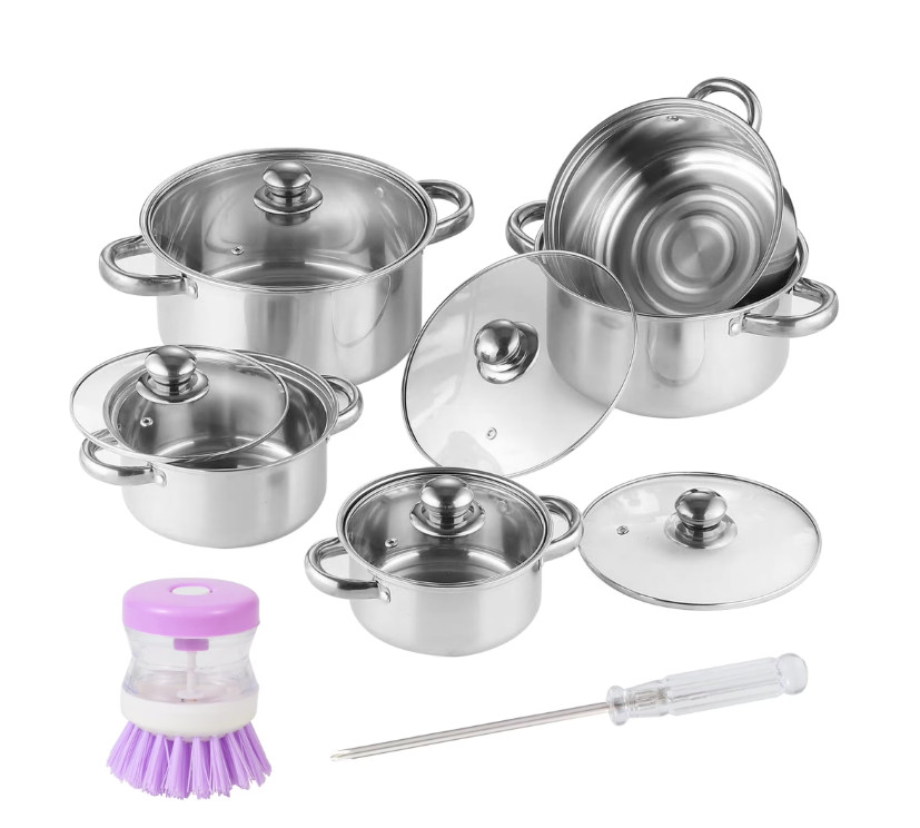 11pc Stainless Steel Cookware Set Pots Pans Glass Lid Induction Silver