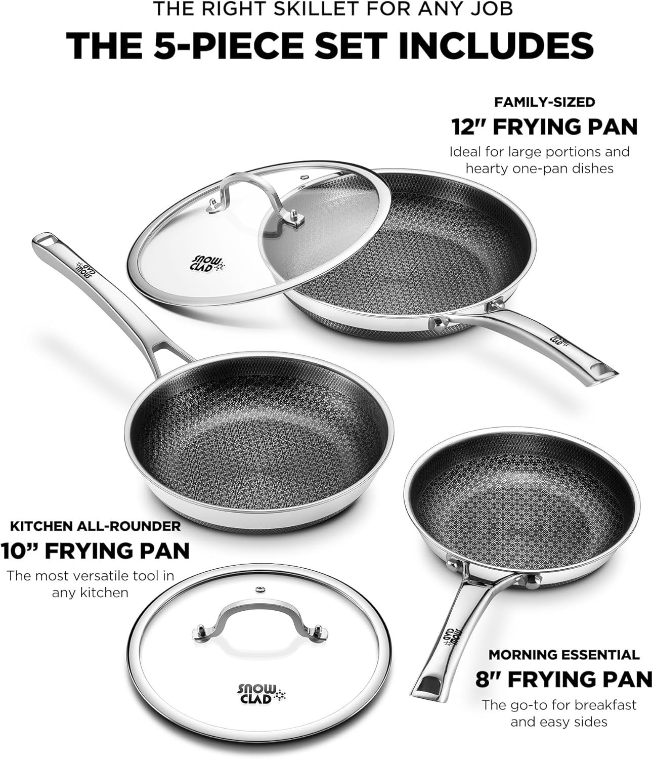 Non Stick Frying Pans set, 8+10+12 inch with Lids, Hybrid Pans Set, Stainless St